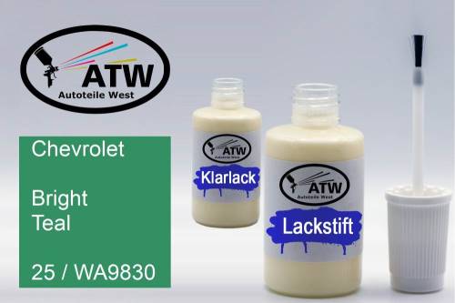 Chevrolet, Bright Teal, 25 / WA9830: 20ml Lackstift + 20ml Klarlack - Set, von ATW Autoteile West.